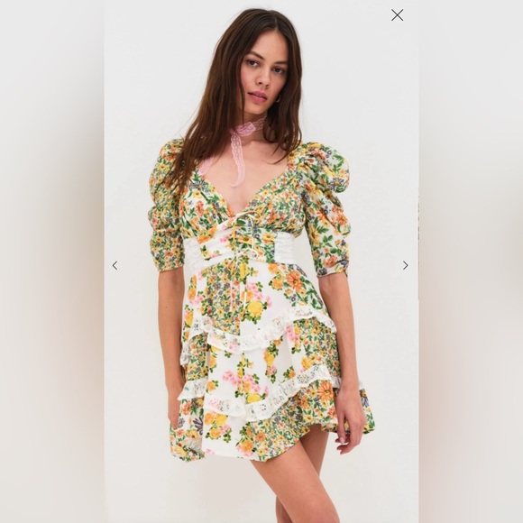 For Love And Lemons Dresses & Skirts - For Love & Lemons Floral Lace-Trim Mini Dress in White, Yellow, Pink, Green